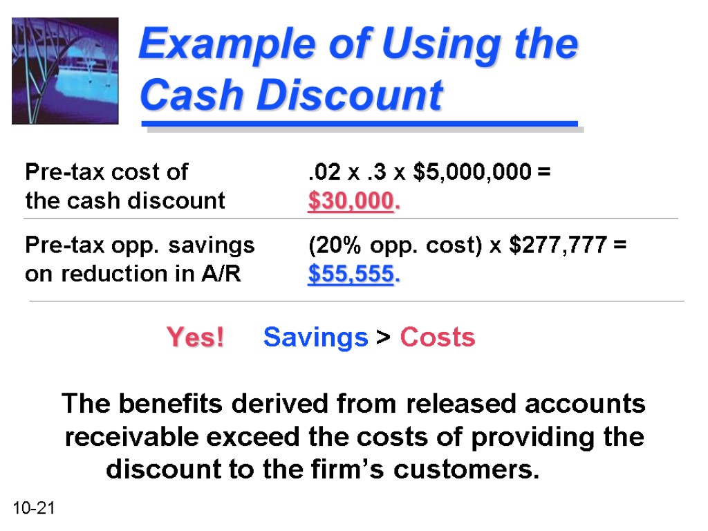 Pre-tax cost of .02 x .3 x $5,000,000 = the cash discount $30,000. Pre-tax